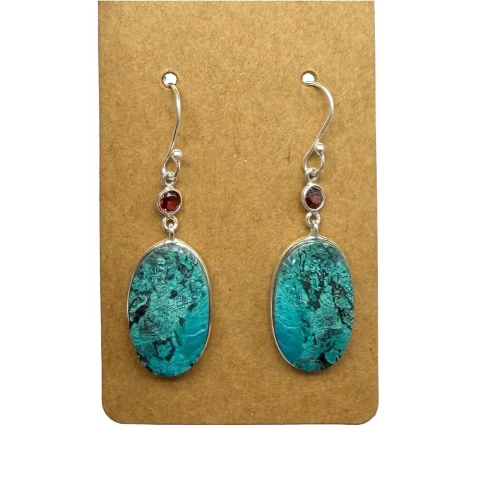 Shattuckite & Hessonite Garnet Earrings Solid 925 Sterling Silver